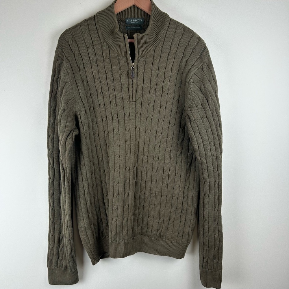Lyle & Scott XL Olive Cable Knit 1/4 Zip Sweater 100% Cotton Preppy Classic